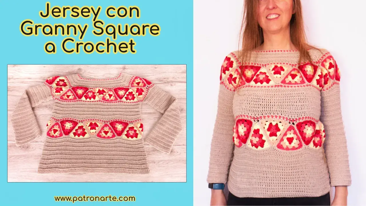 Jersey beige con detalles de granny squares en rosa y amarillo. ¡Encuentra el patrón jersey crochet gratis para crear el tuyo!