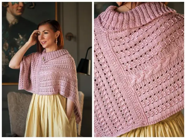 Mujer sonriente luce un elegante poncho a dos agujas en tono rosa pálido, con intrincados puntos calados y trenzas.