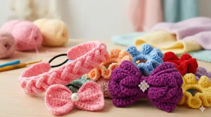 Coletero crochet de varios colores, con lazos y flores, junto a ovillos de lana y ganchillos.