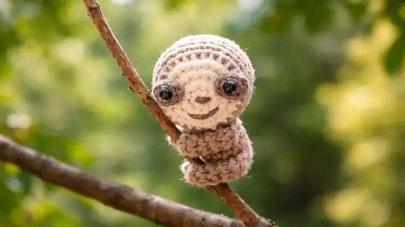Adorable perezoso amigurumi de crochet, con grandes ojos y una sonrisa, aferrado a una rama.